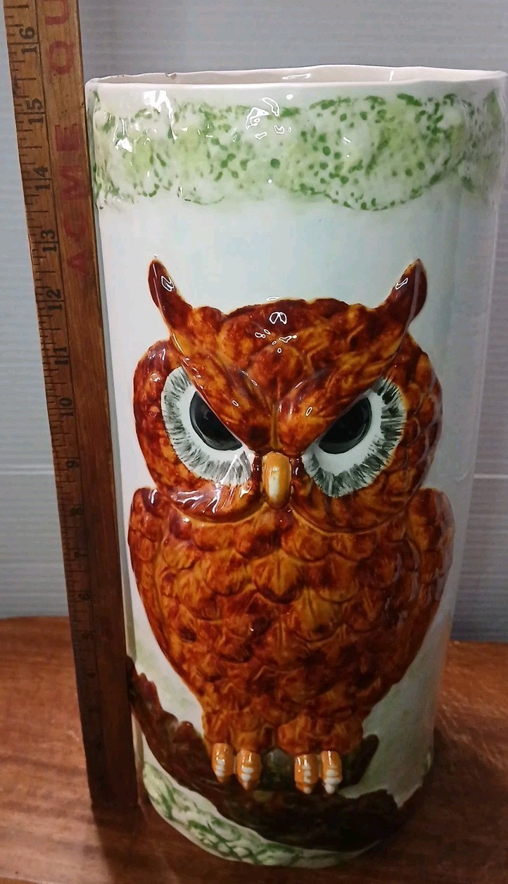 VTG Brown Owl Reversible Barn Scene Umbrella Stand Cane Stick Holder 70s READ