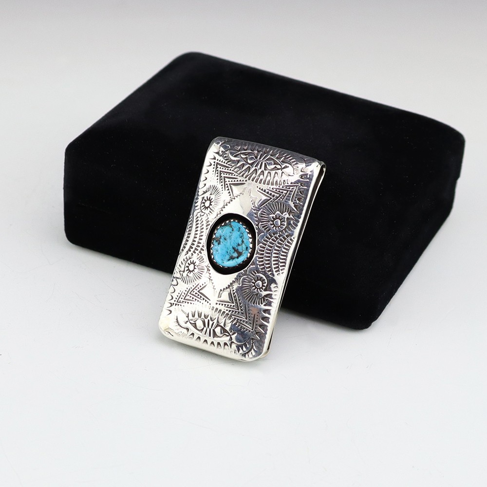 NATIVE AMERICAN NAVAJO STERLING SILVER & TURQUOISE MONEY CLIP BY SHIRLEY SKEETS