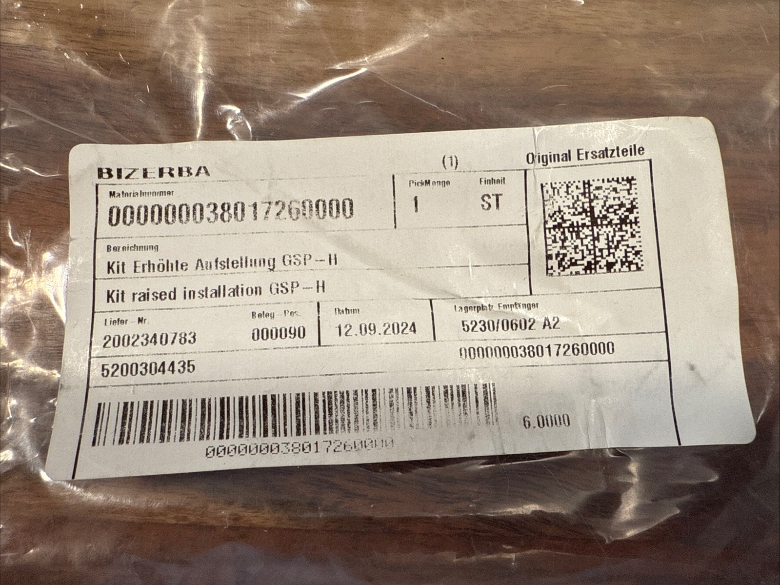 Bizerba Meat Slicer Raise Installation Kit For GSP-H Material/Part #38017260000