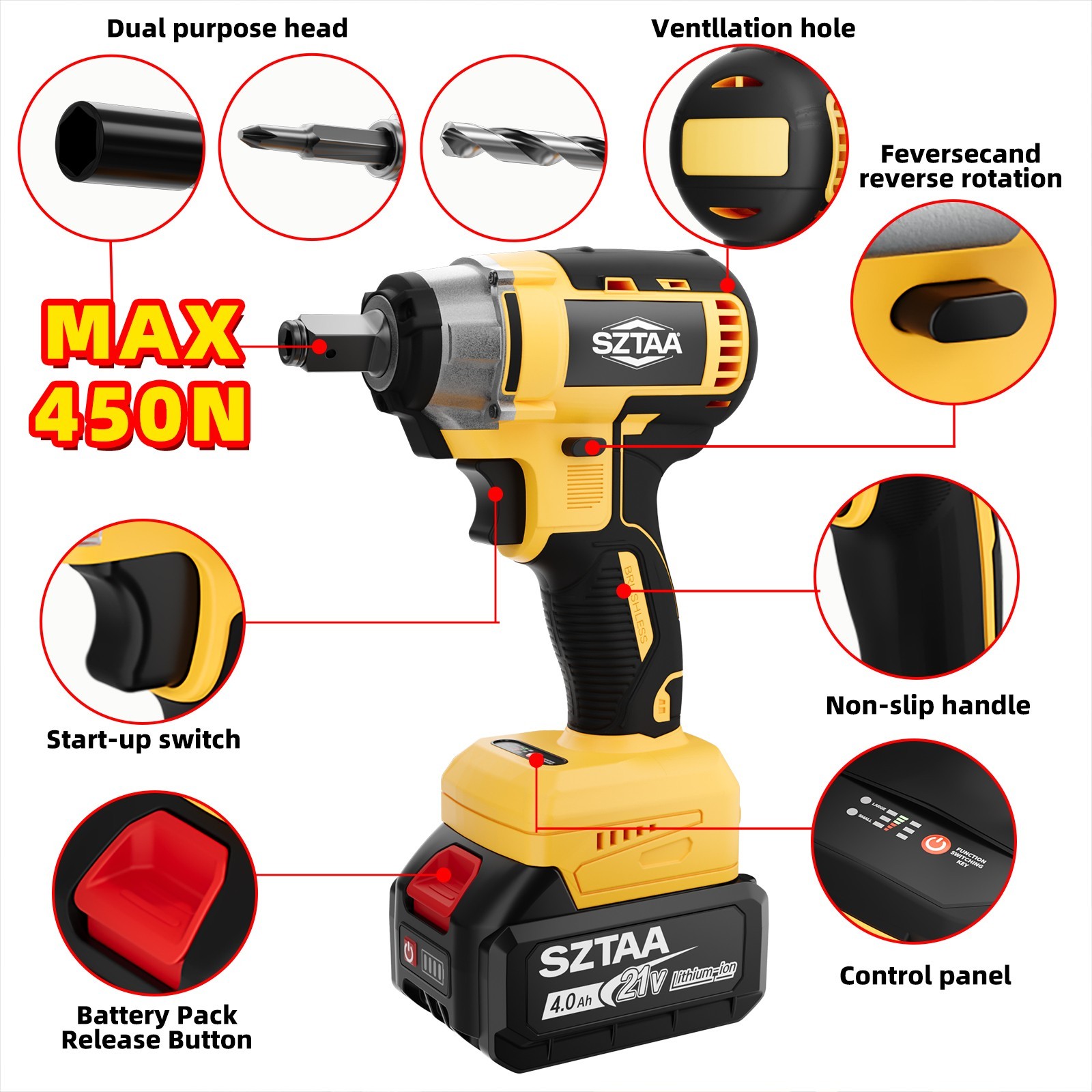 Cordless Impact Wrench 450Nm Power Tool, Lug Nut Removal, DIY Garage Tool​