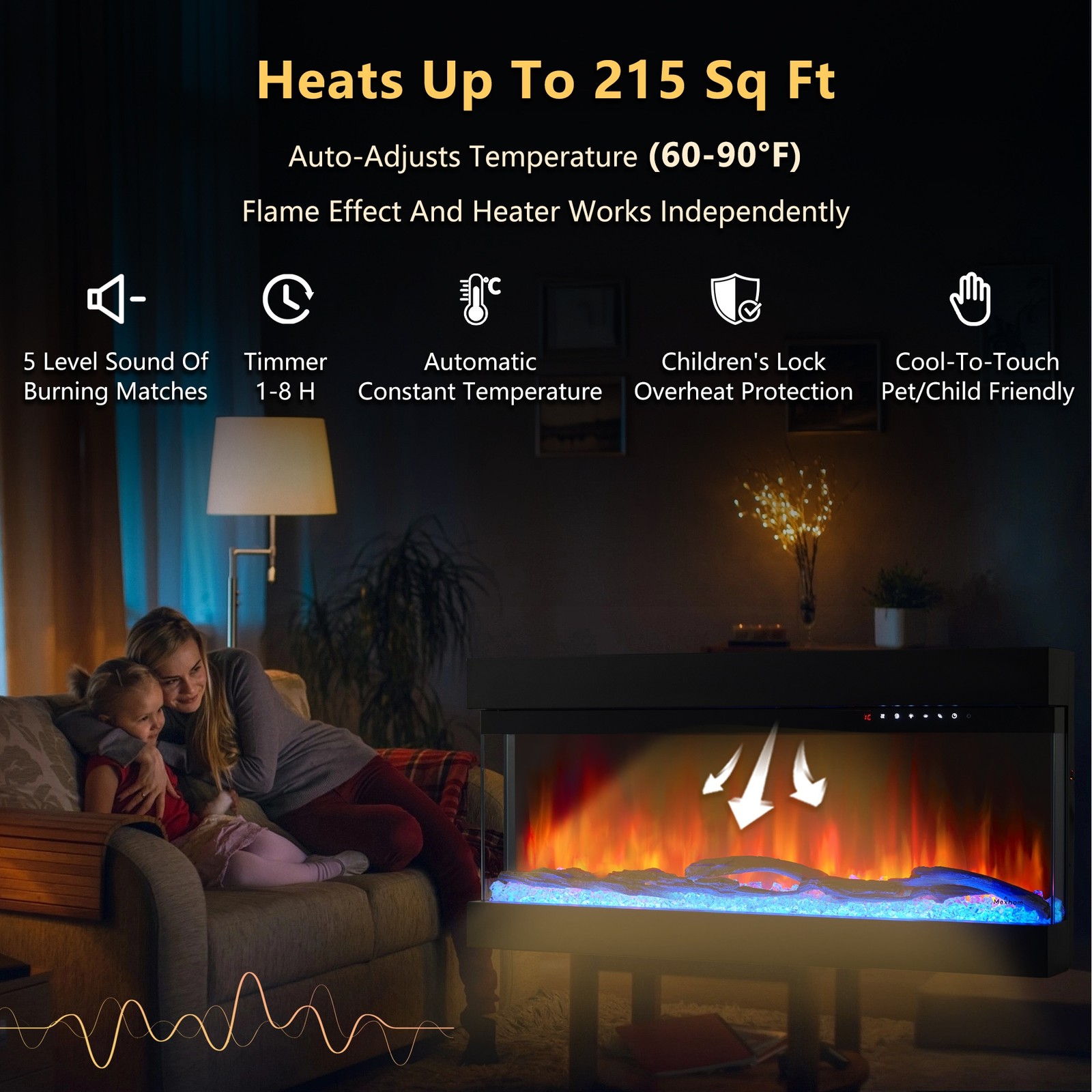 3 Sided Glass Built-in Electric Fireplace,Multi-Color Flames