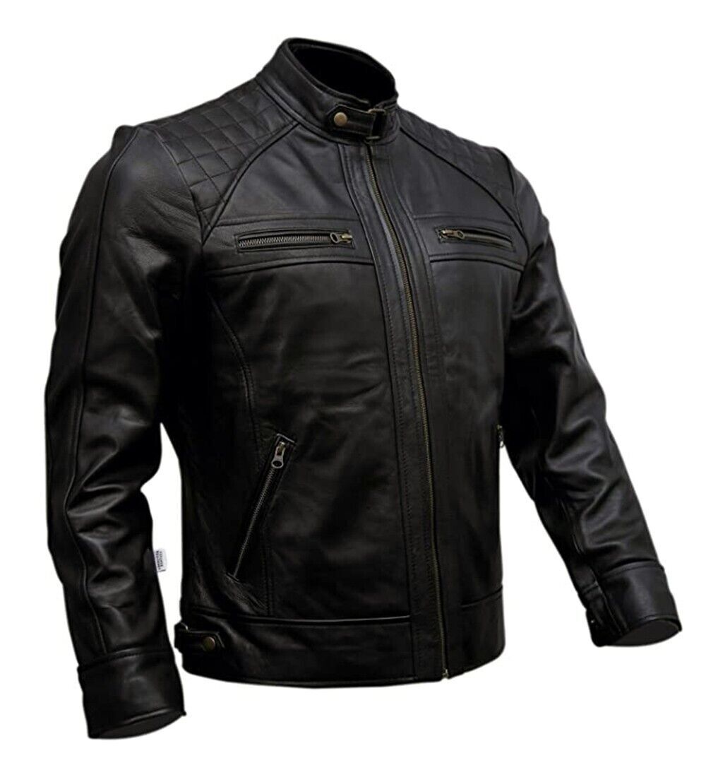 Men's Café Racer Biker Leather Jacket Black Brown Motorcycle Genuine Leather