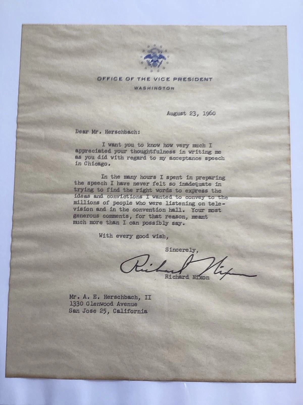 Vice President Richard Nixon Letter’s From South Bay Area California PAST!