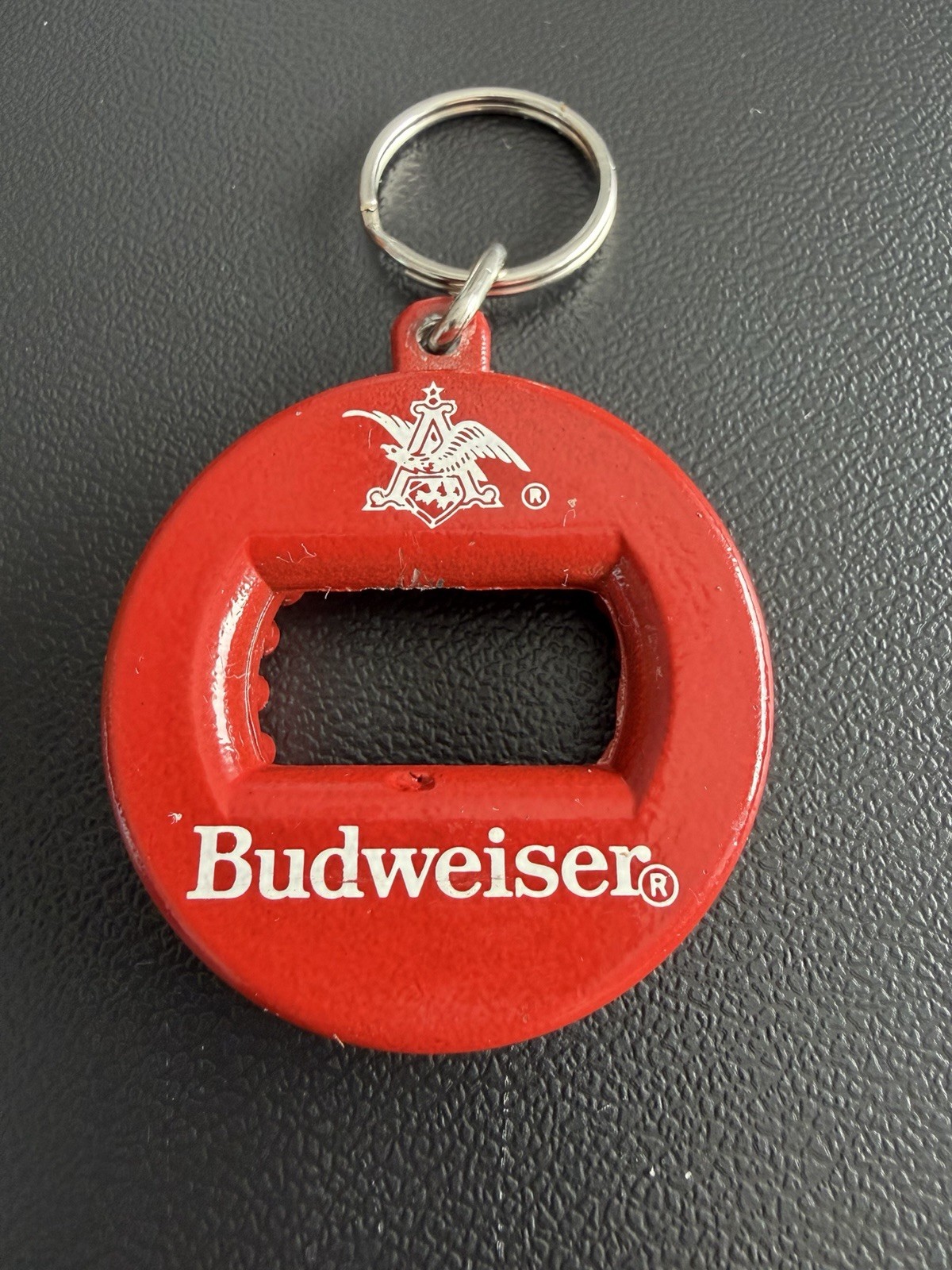 Vintage Red Metal Budweiser Bev Key 3-in-1 Bottle Opener Keychain