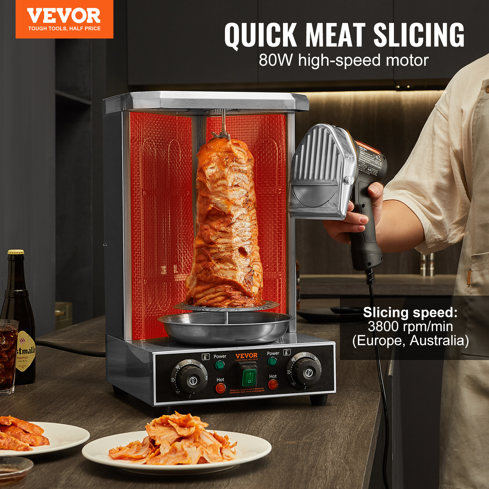 VEVOR Electric Kebab Slicer Cutter 80W Meat Gyro Knife Doner Shawarma w/2 Blades