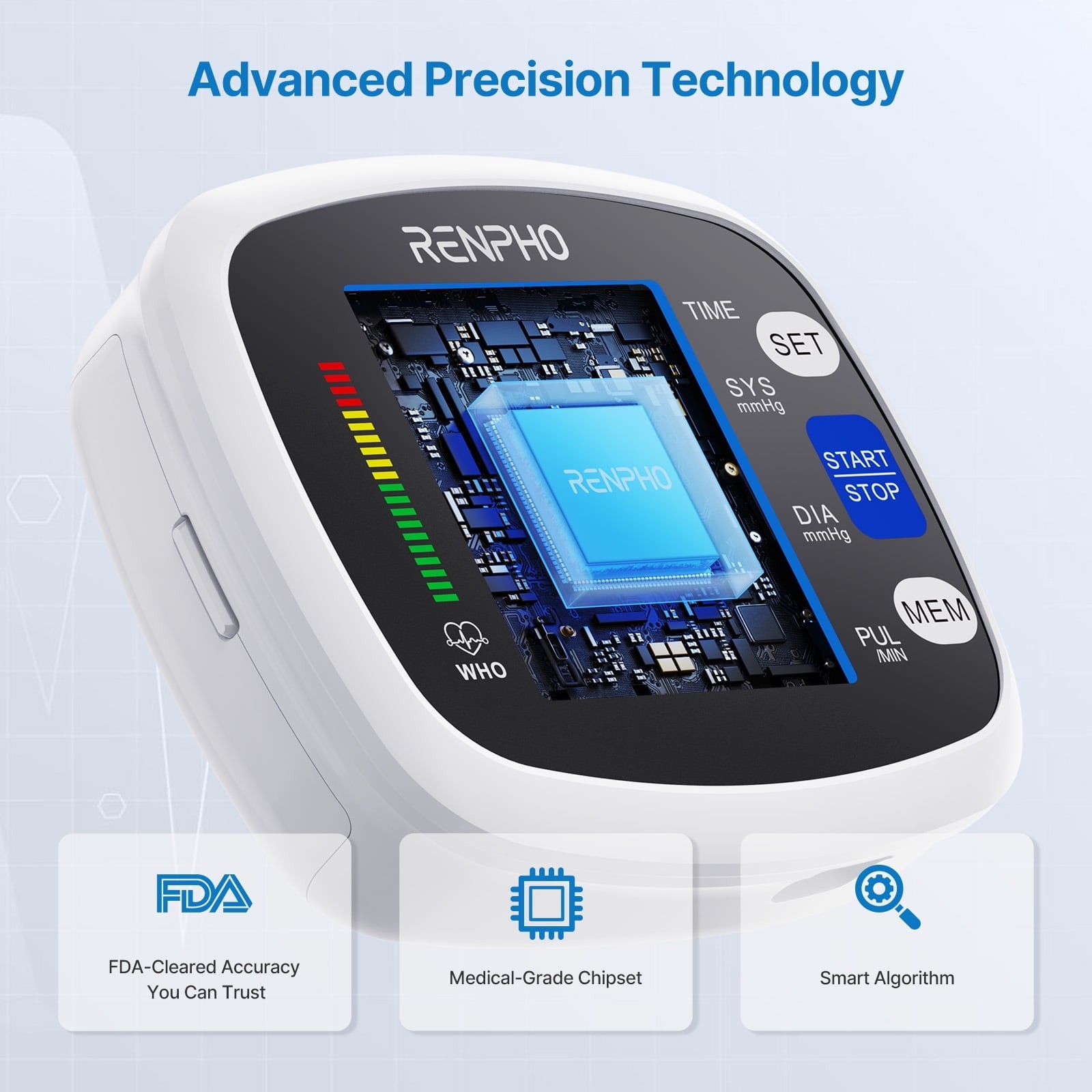 RENPHO Blood Pressure Monitor Wrist Rechargeable Heart Rate Machine Large Displa