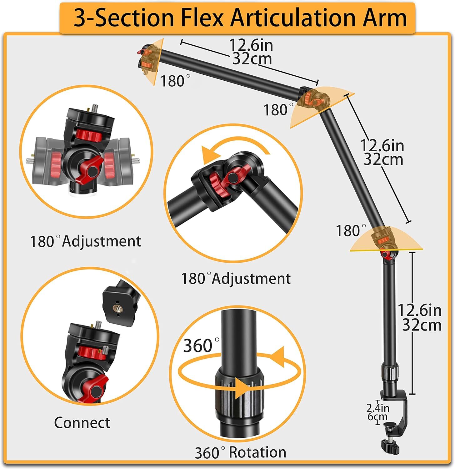Overhead Camera Mount Desk Stand, 3-Section Flexible Detachable Articulating Arm