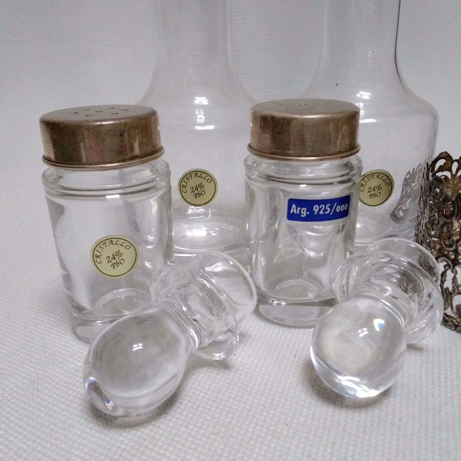 Italian 925 Cutout Sterling Silver and Fine Crystal Vessels Condiment Caddy