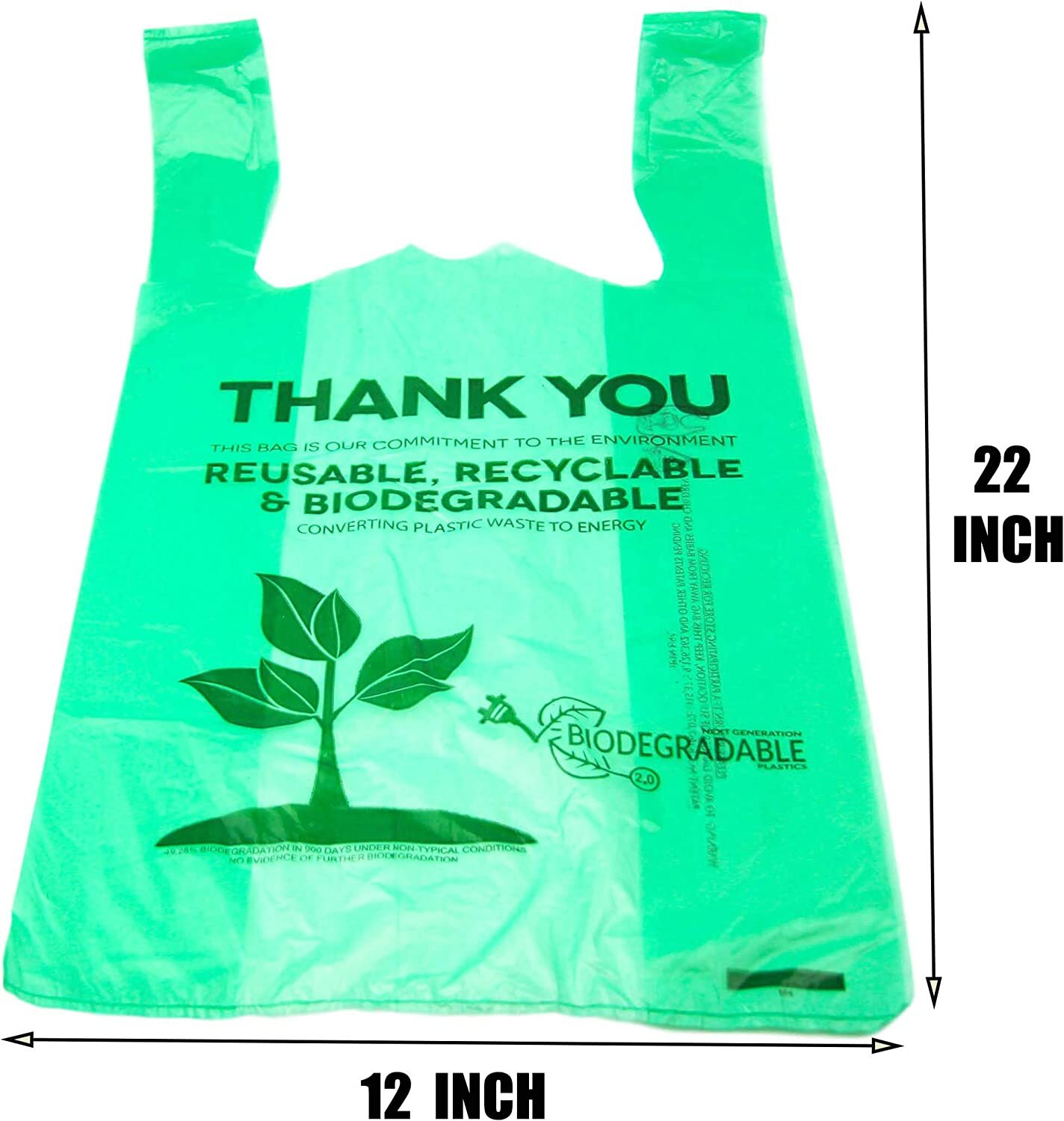 22 x 6.5 x 22 1/6 Green Biodegradable T-Shirt Plastic Grocery Shopping Bags