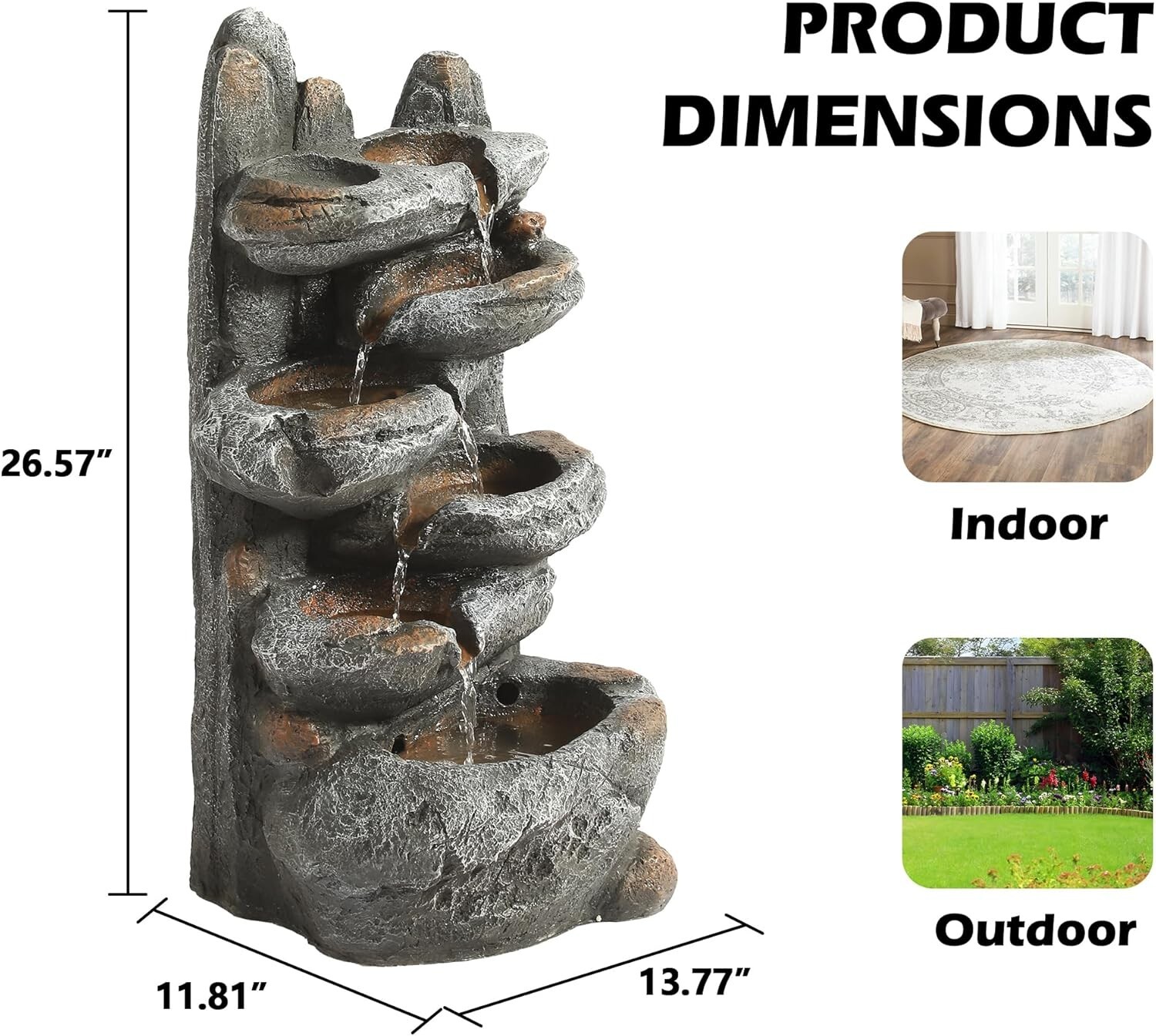 6-Tier Cascading Rock Outdoor Garden Water Fountain with Lights