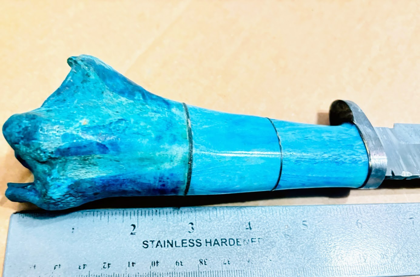 Blue Stag Bone Handle Damascus Fixed Blade Knife, Custom Made