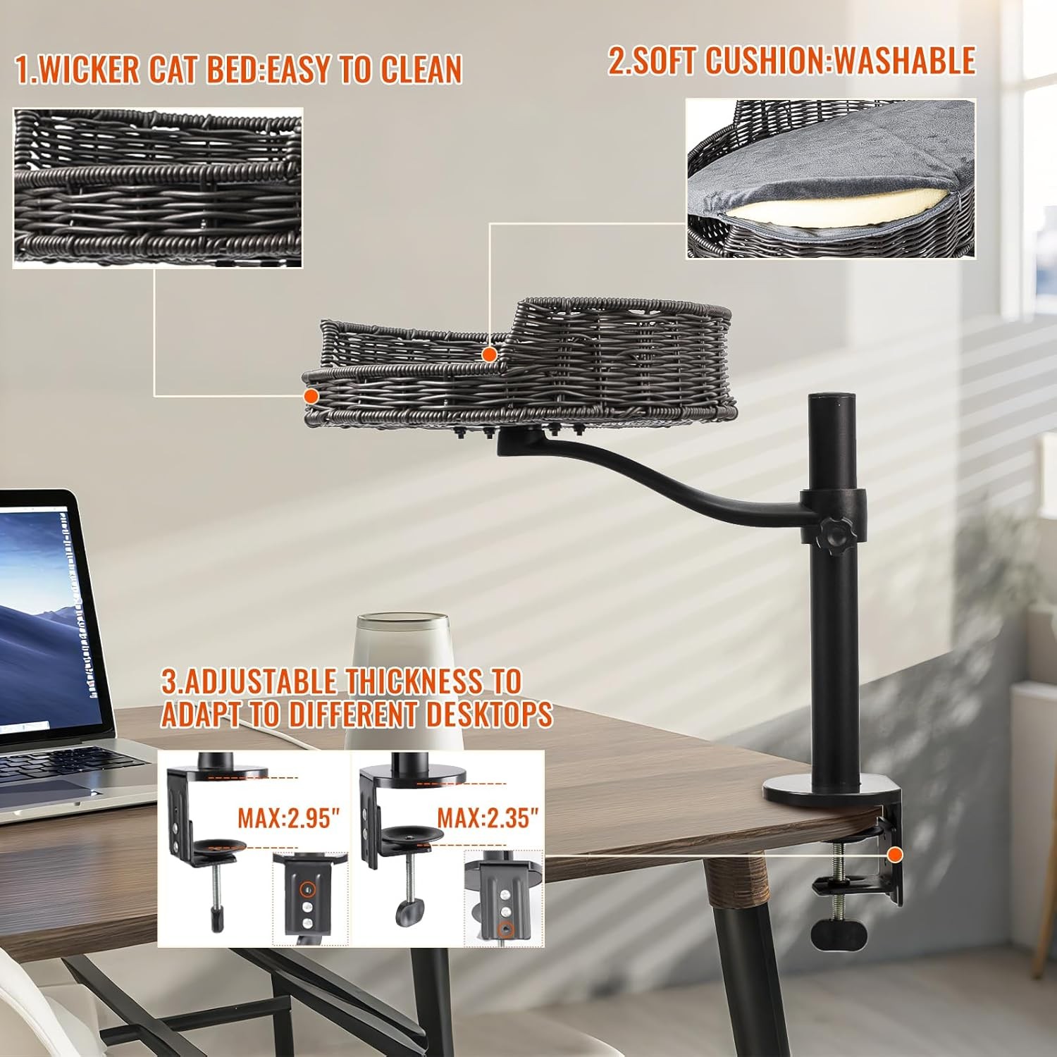 Indoor Elevated Cat Desk Bed Rotation Mounted Perch Adjustable for Office Home
