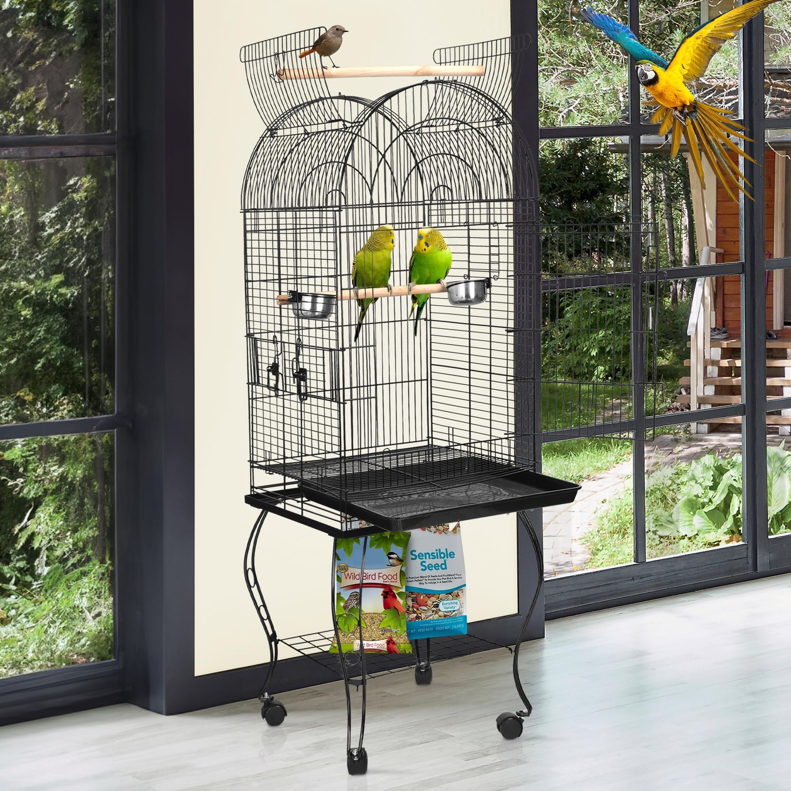 63.5 Inch Open-Top Wrought Iron Bird Cage with Slide-Out Tray and Rolling Stand