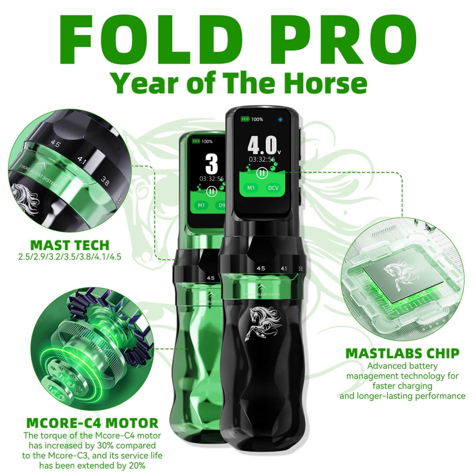 Fold Pro Year of the Horse Edition Wireless Tattoo Pen Machine 2.5-4.5mm 7 Adjus