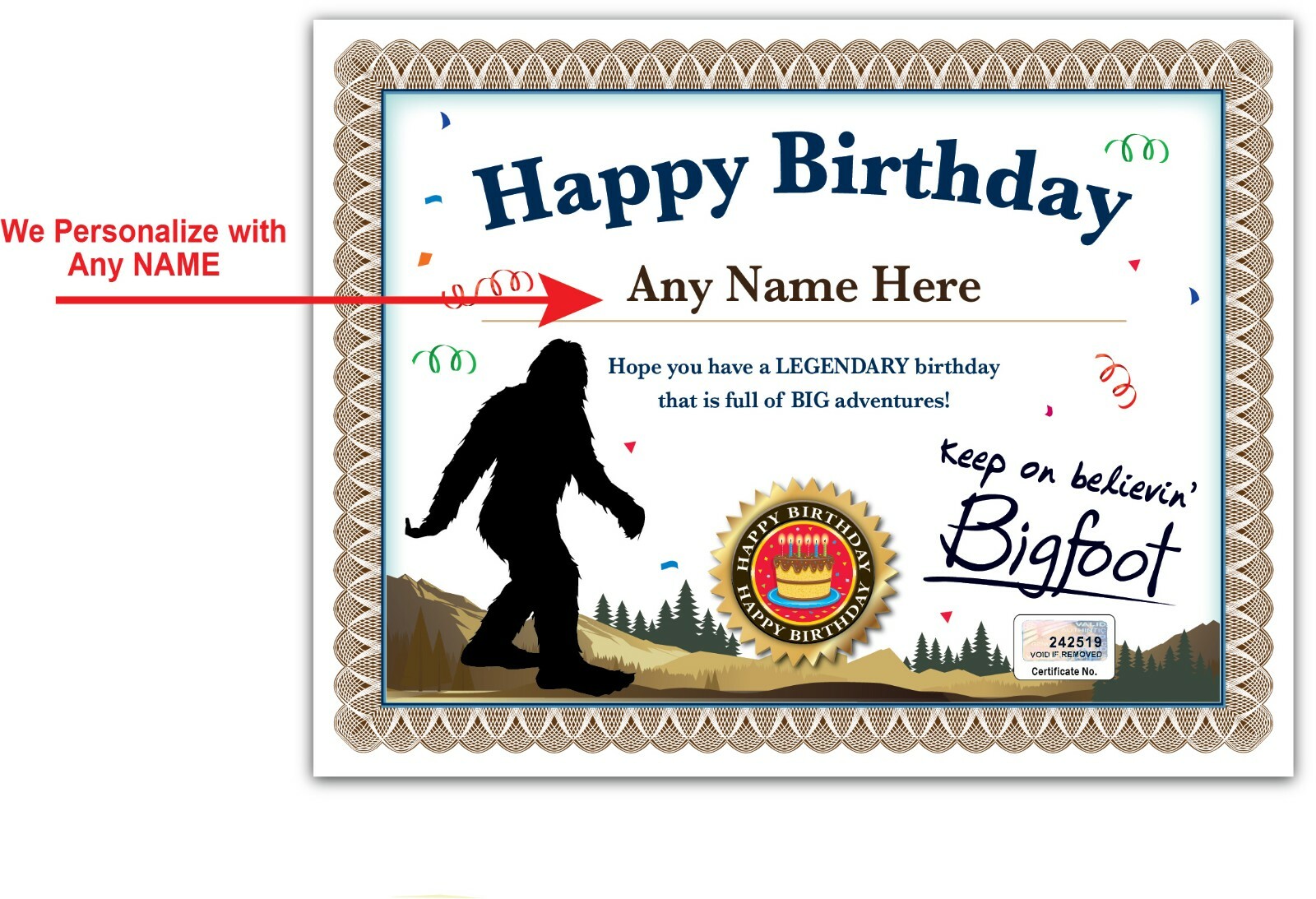 BIGFOOT PERSONALIZED HAPPY BIRTHDAY Certificate Sasquatch Hunter Tracker - GIFT