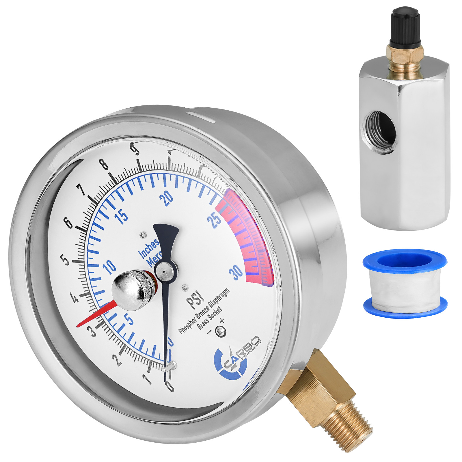 4" Gas Test CAPSULE Pressure Gauge 15 Pound, 15 PSI, 3/4” FNPT