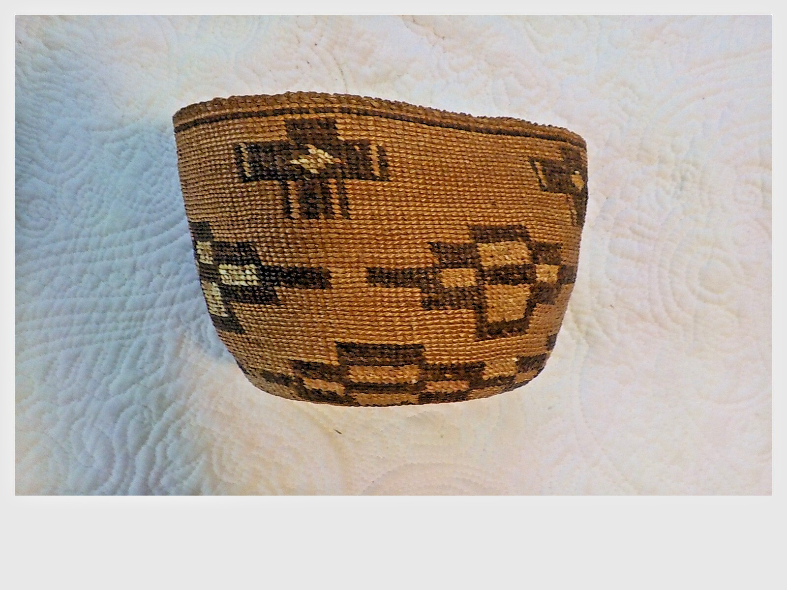 Antique Klamath Basket with Yellow dyed bird quill  c. 1900  7" x 5"