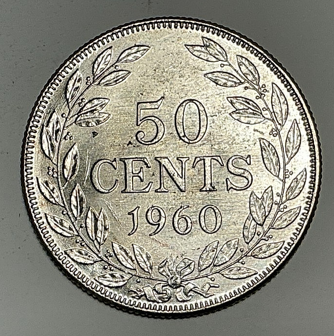1960 Liberia 50 Cents KM# 17 90% Silver Republic of Liberia Philadelphia Mint.