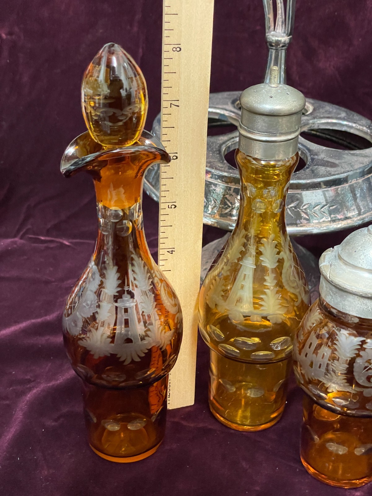 Antique 1800's Wilcox Silver Plate Cruet Condiment Set 3 Etched Amber Bottles