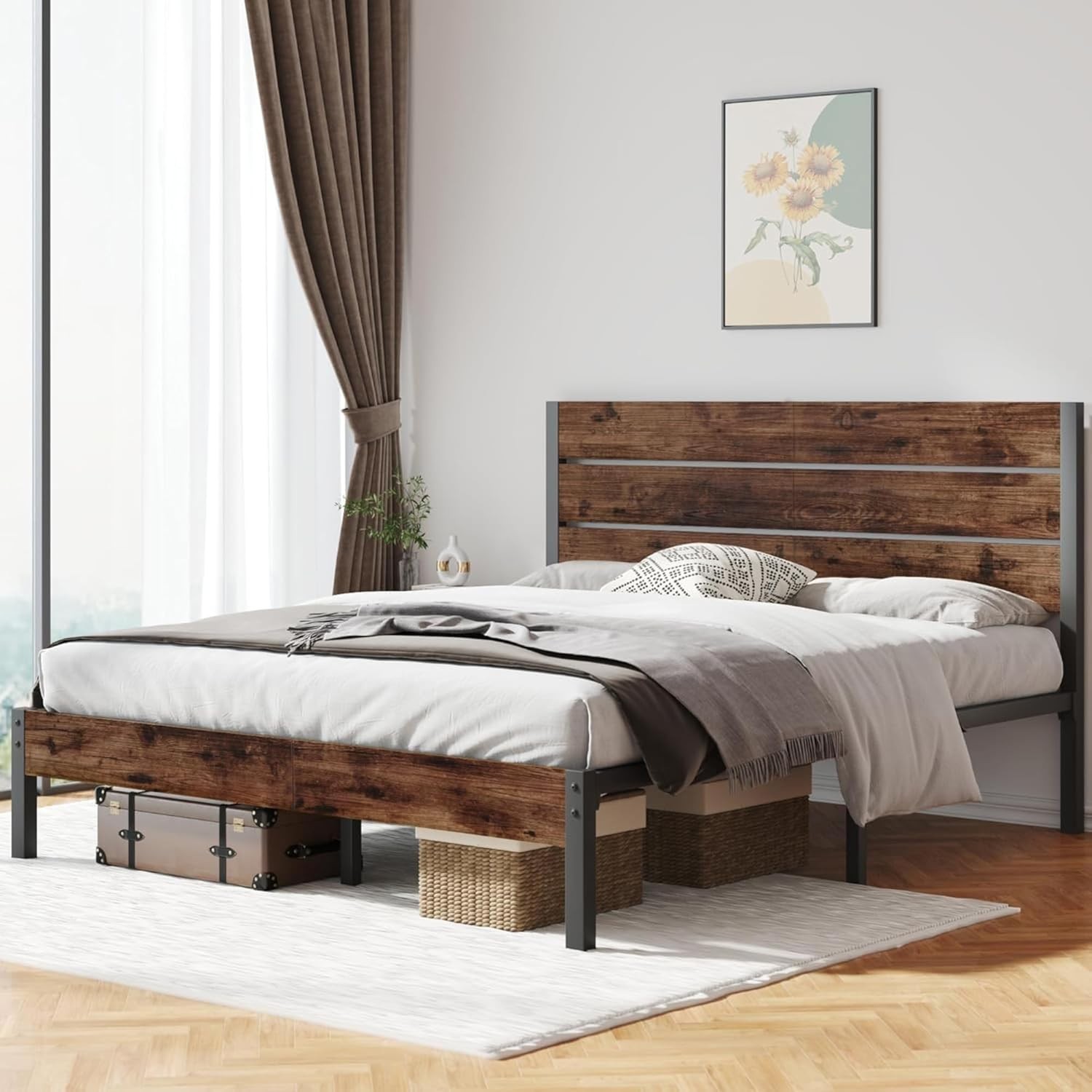 Queen Bed Frame with Headboard and Footboard, Under Queen, Rustic Brown