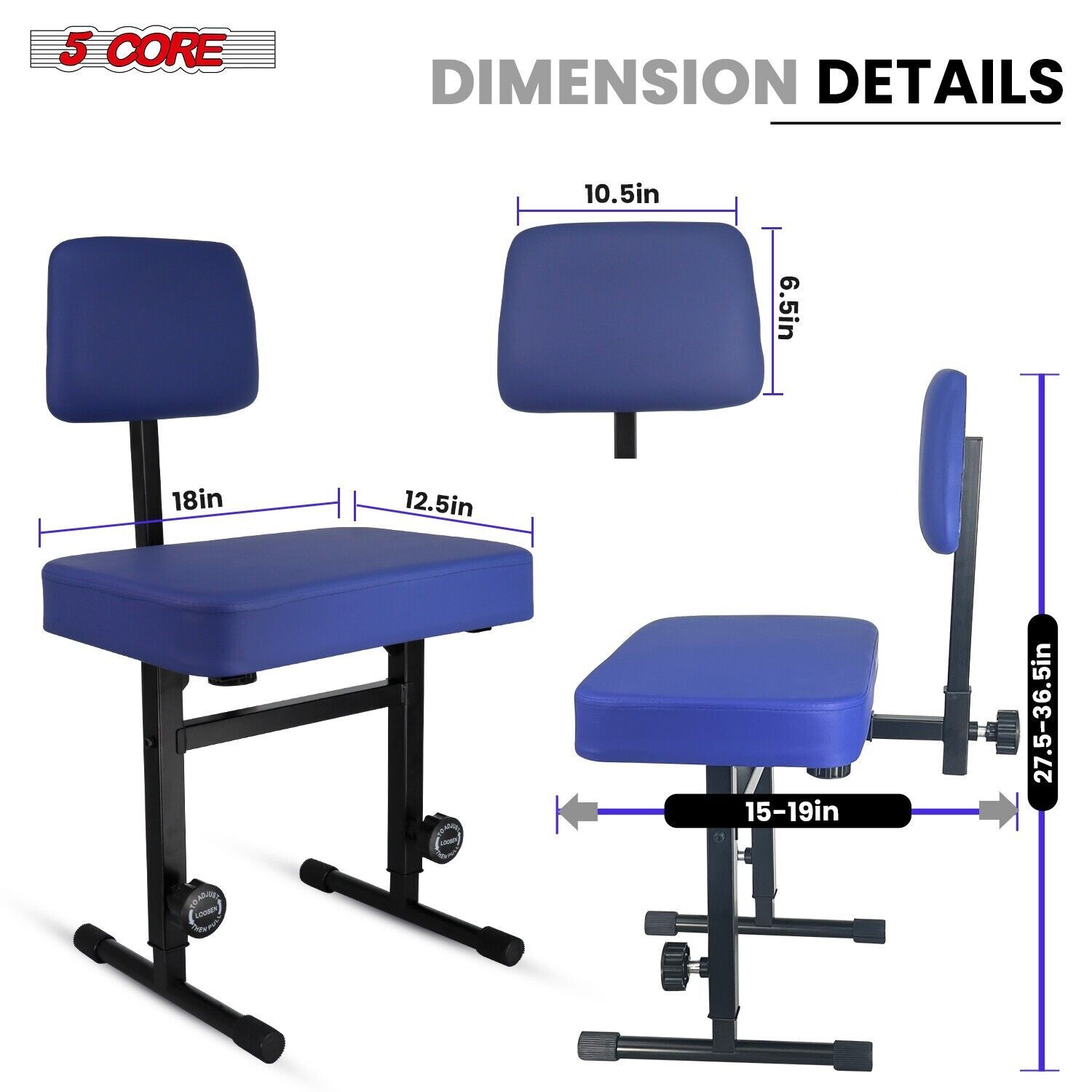 5 CORE Piano Bench Height Adjustable Keyboard Stool Stool Heavy Duty Thick Padde