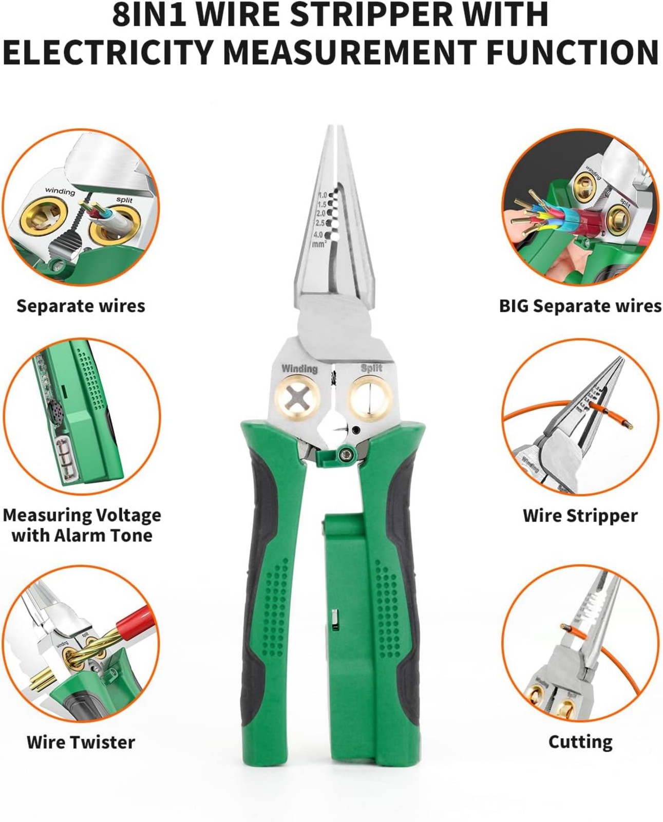 8-In-1 Wire Stripper Twister Green Durbale Cable Scissors Voltage Tester Pliers