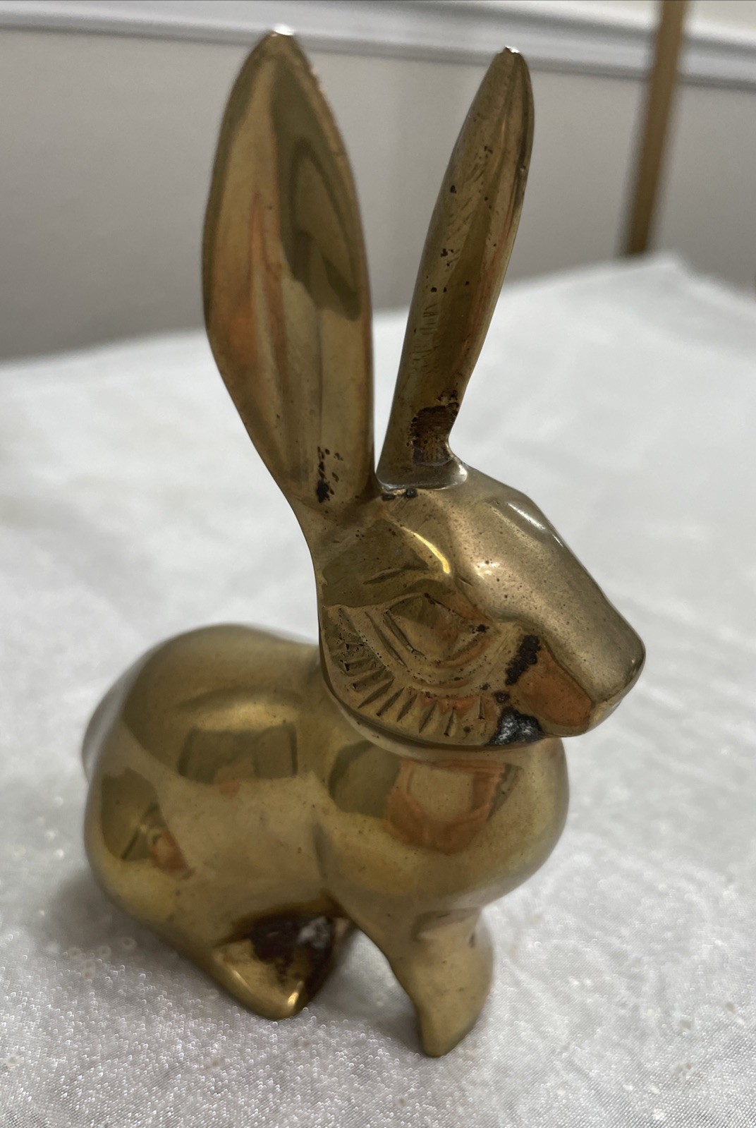 VTG Solid Brass Bunny Rabbit Figurine Paperweight ~Long Ear ~ India 3”Lx4.25”H