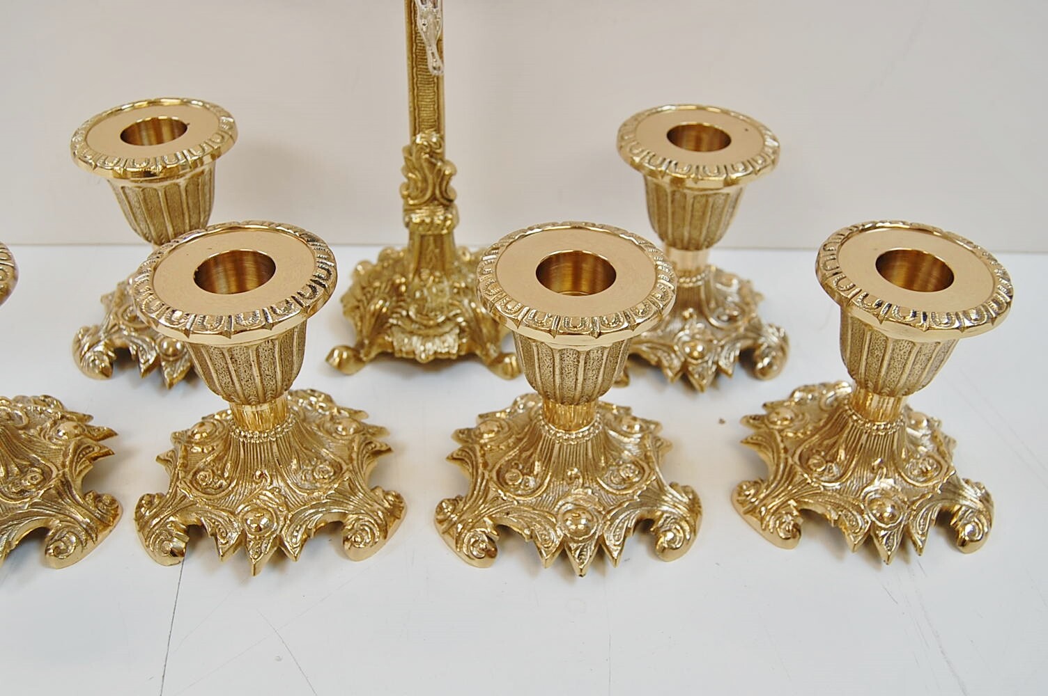 SET OF 6 SHORT 3 1/2" BRASS CHURCH ALTAR CANDLESTICKS & ALTAR CROSS (#399/#315)