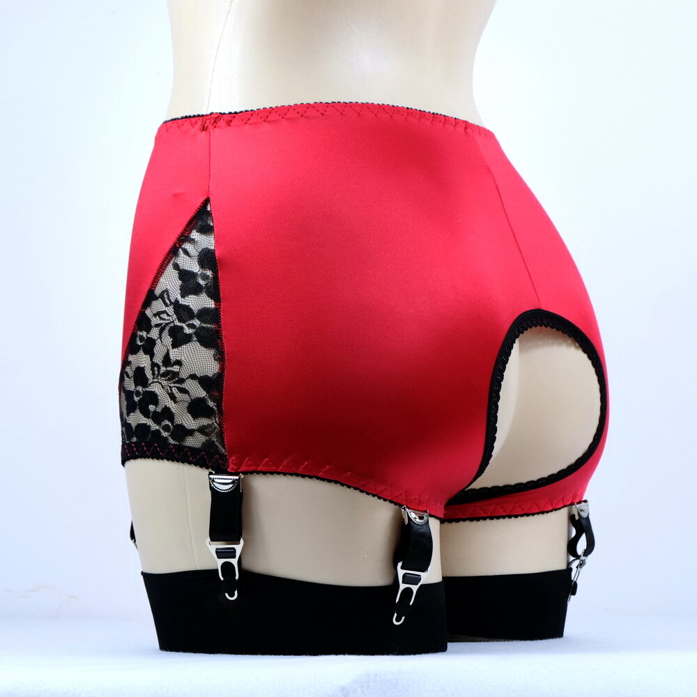 Luxallacki Crotchless Garter Panties 6 Straps Metal Clips Lace Satin Lingerie