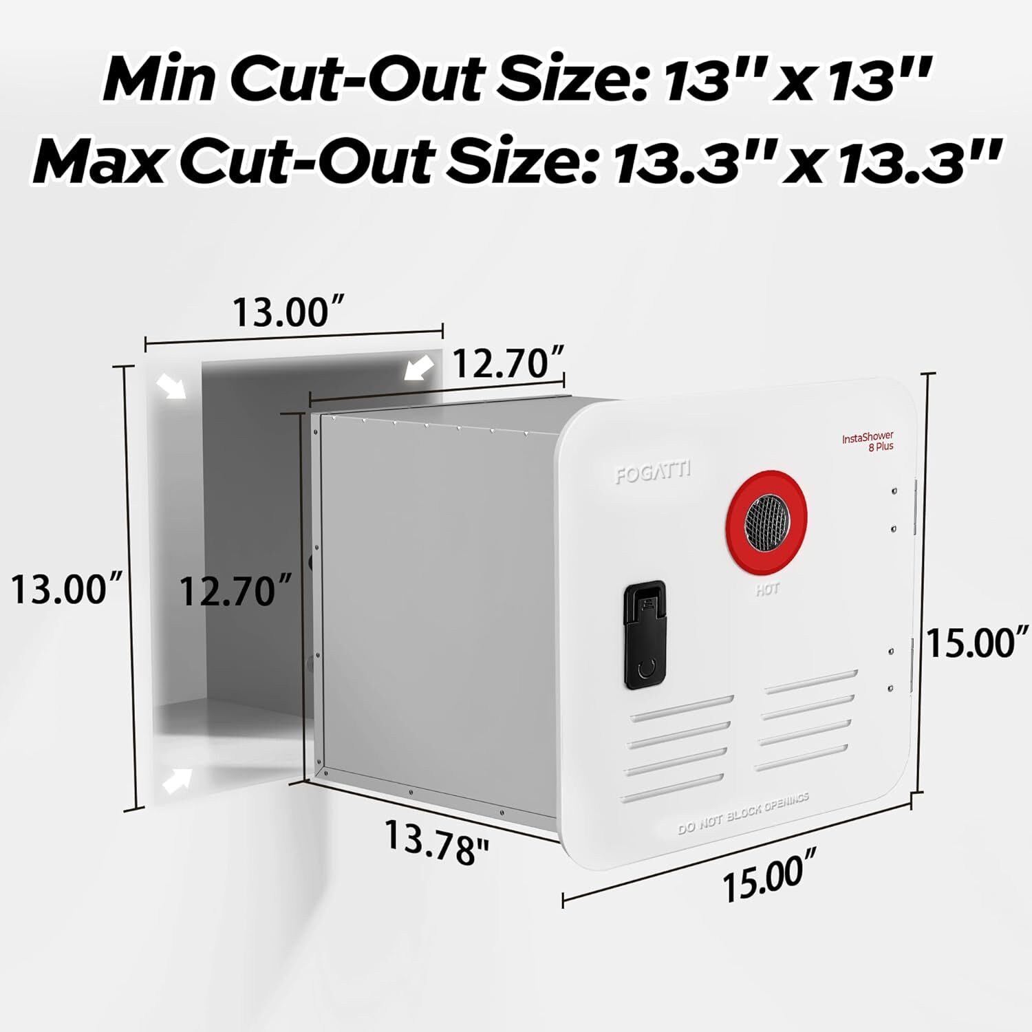FOGATTI RV Tankless Water Heater 15 x 15 inches White Door DC 12V Propane Gas