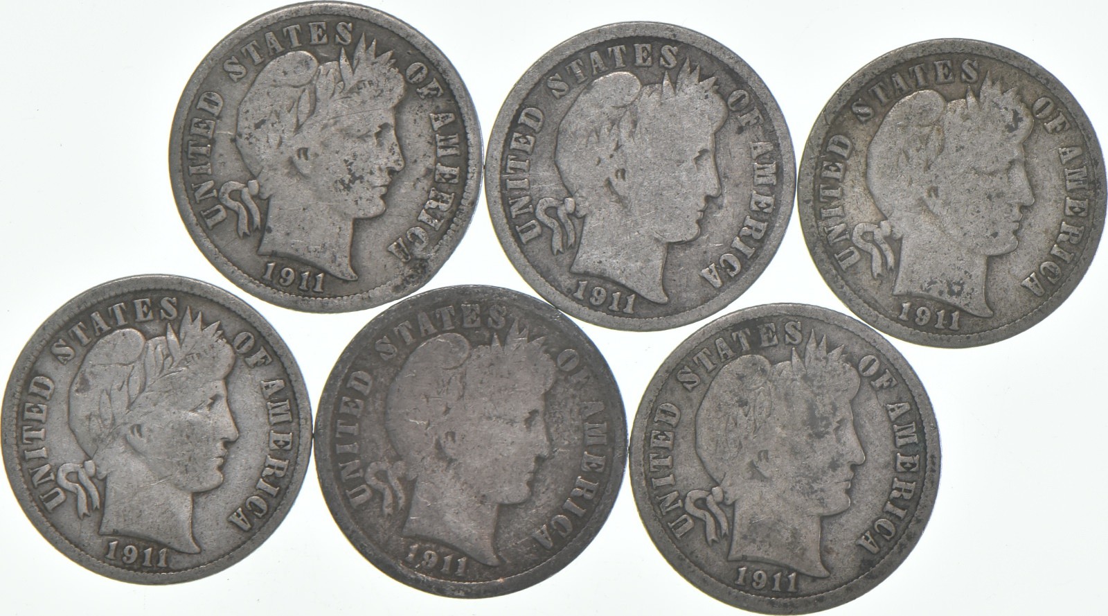 1911-S Barber Dime 90% Silver Average Circ