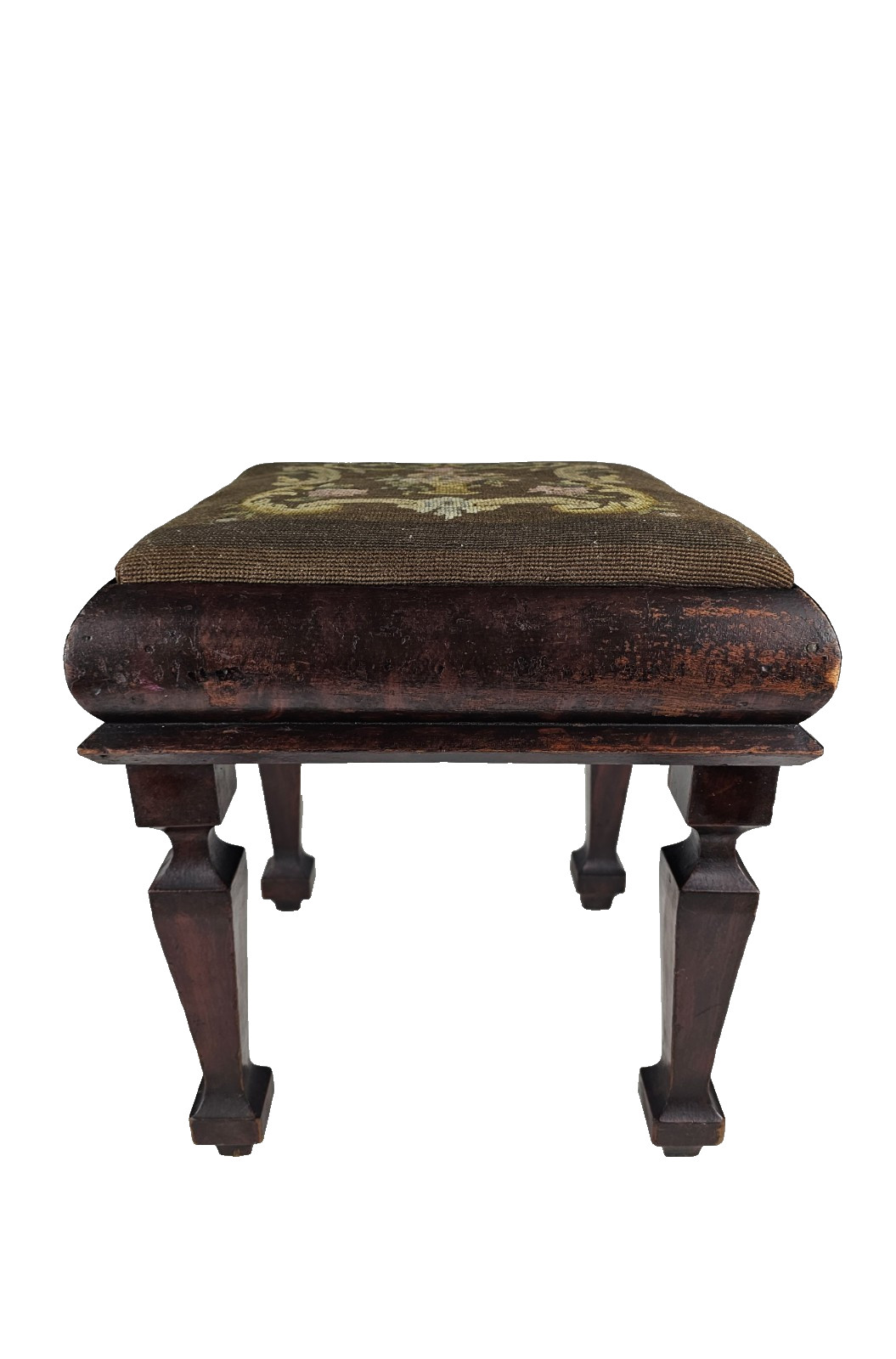 Antique Floral Needlepoint Footstool Victorian Decorative Stool (c. 1890–1915)