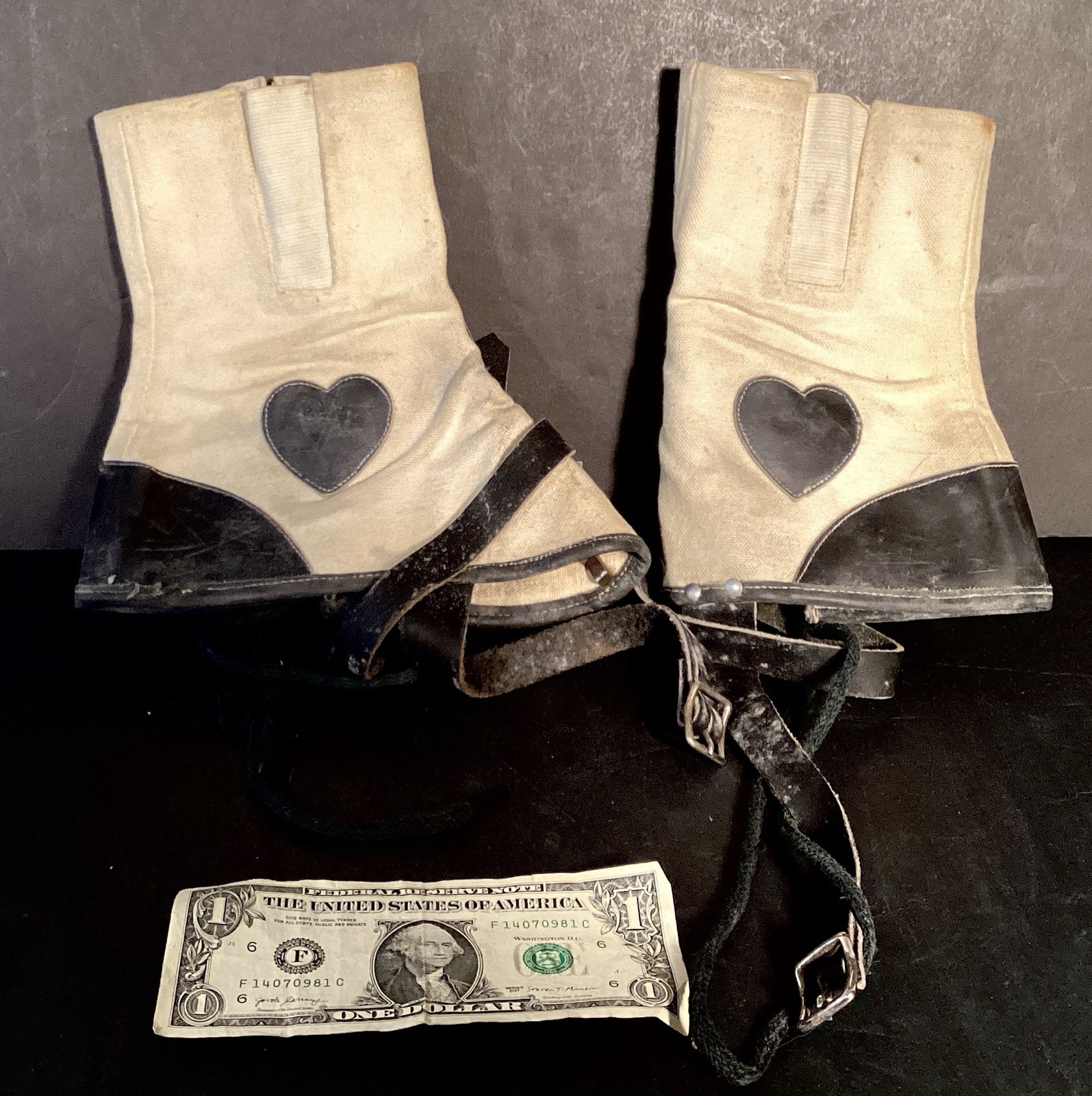 Original Antique Leather & Canvas Spats With Hearts & Straps