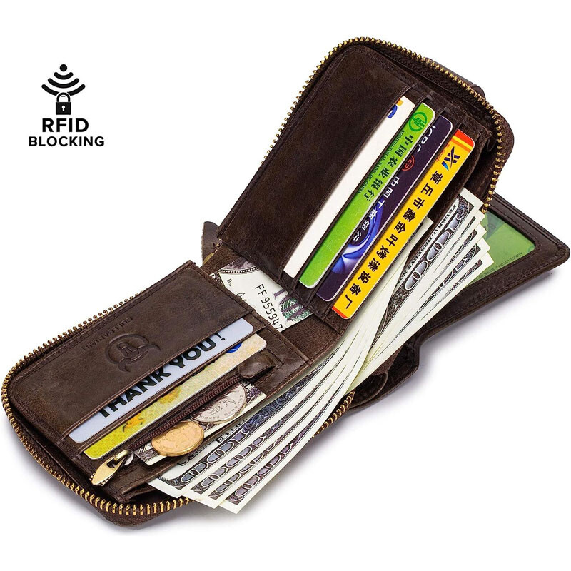 Genuine Leather Zipper Wallet Mens RFID Blocking Bifold Zip Around Card Holder