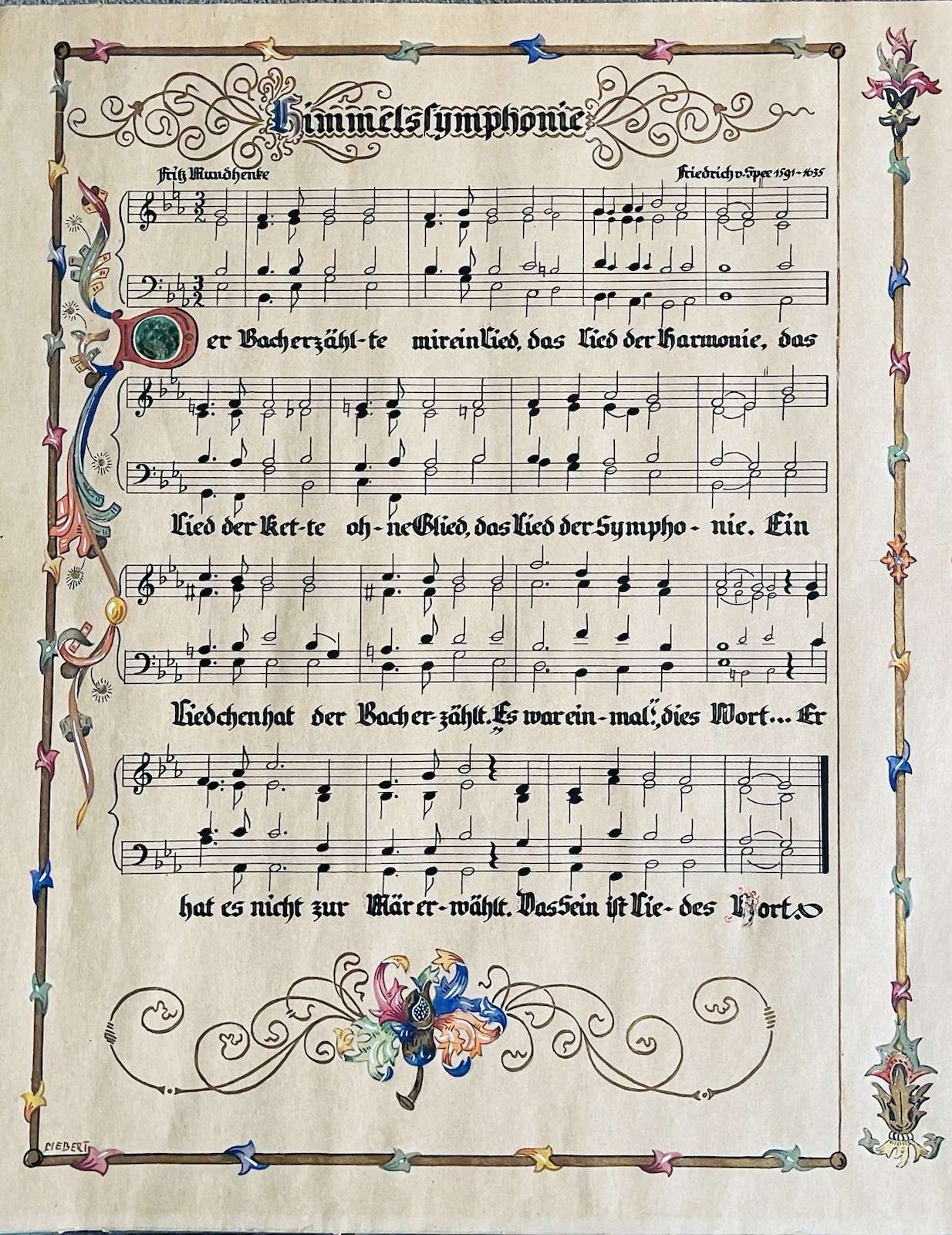 Antique Hand Illuminated Art “Die Himmelsymphonie” German Poem & Music Mebert
