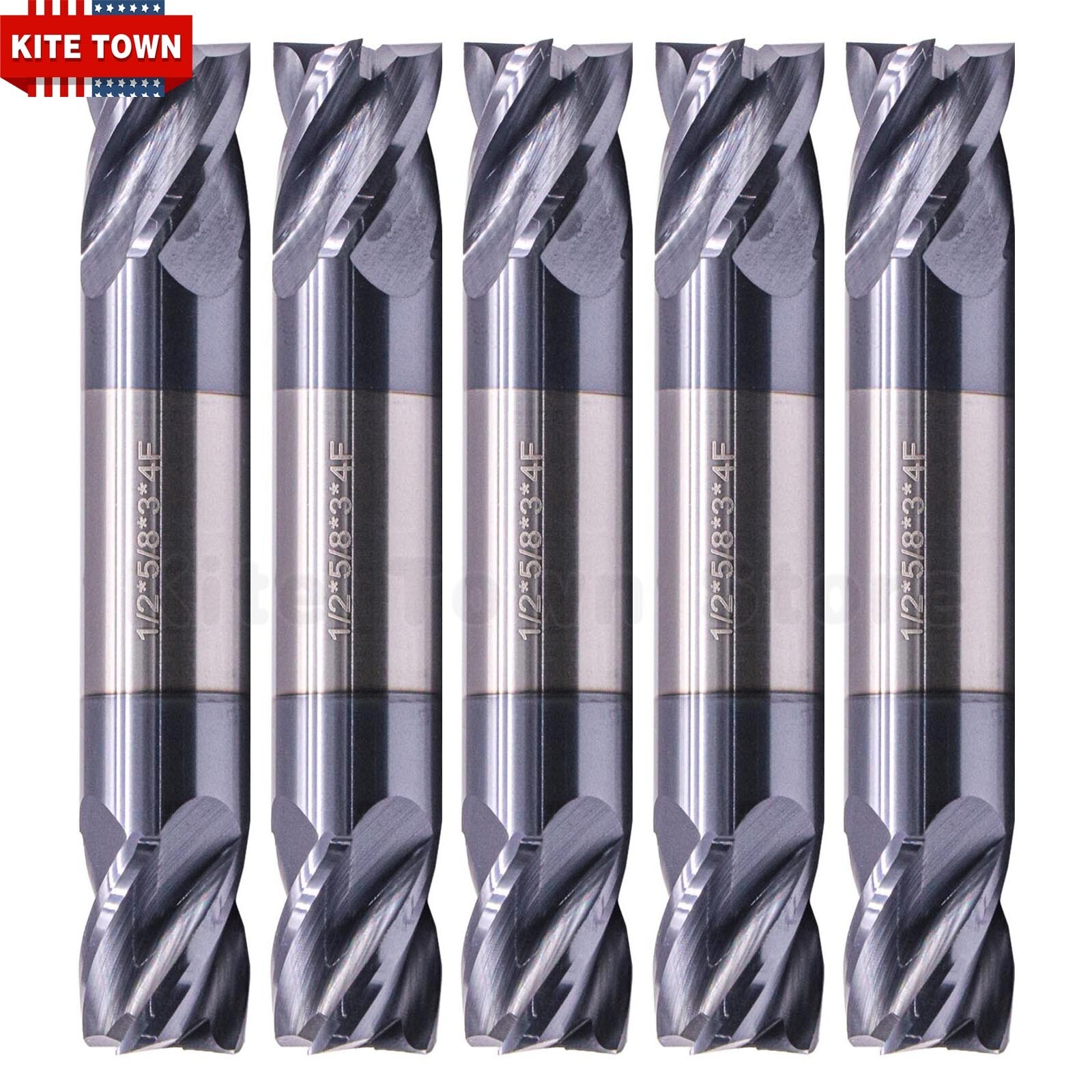 5Pcs 4 Flute 1/2" x 5/8" x 3" Double End Solid Carbide End Mills - AlTiN Coated