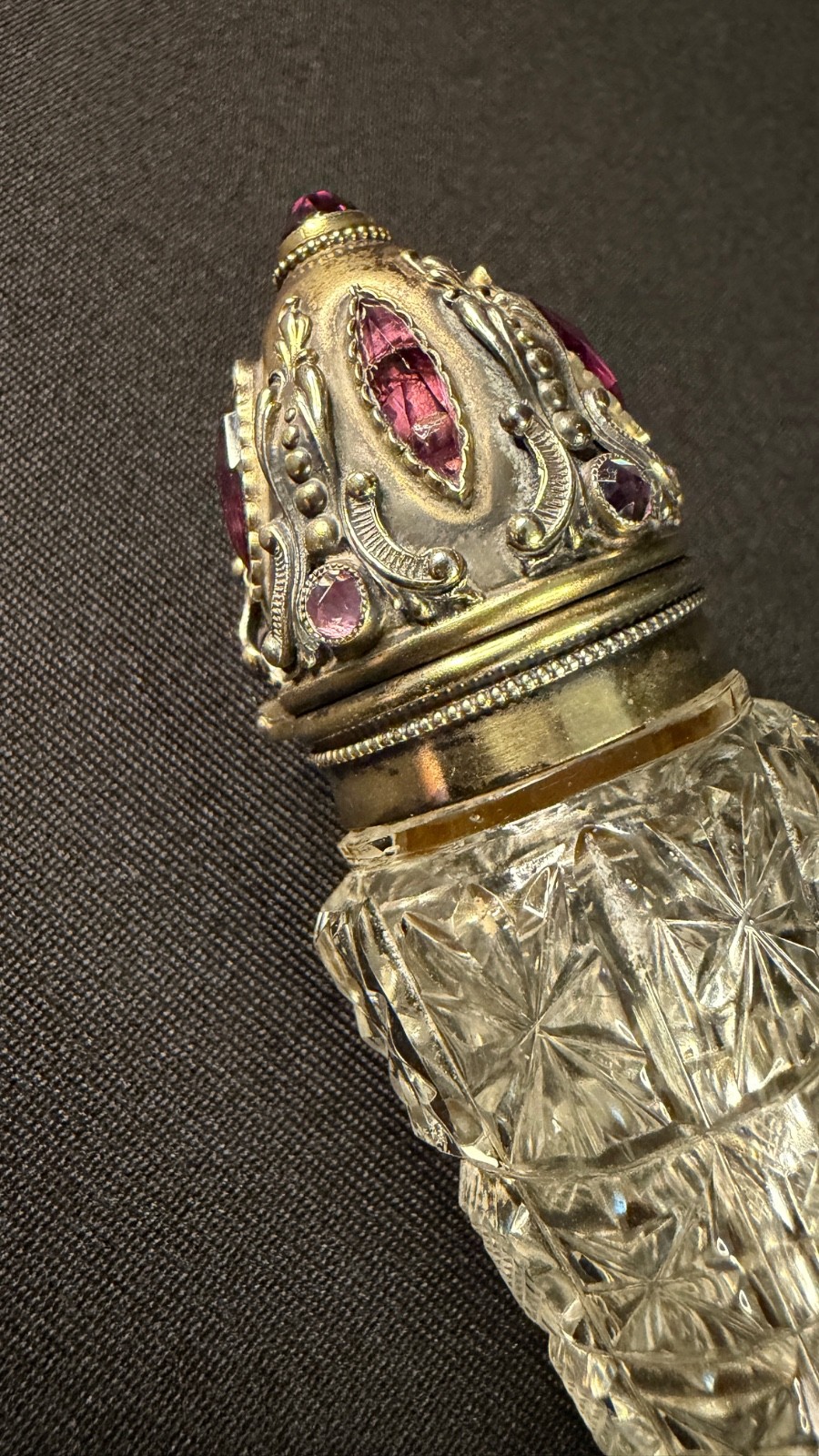 Rare Victorian Sterling with Faceted Amethyst Stones & Cut Cyrstal Scent Bottle