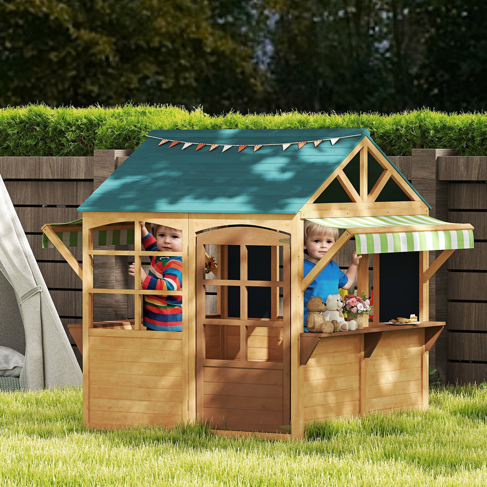 Qaba Outdoor Playhouse, Foldable Wooden Kids Cottage, Brown