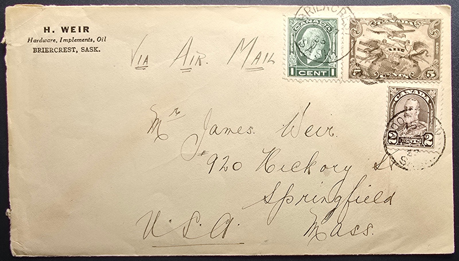 1933 Canada Mixed Franking Cover Briercrest Sask to Springfield MA Airmail