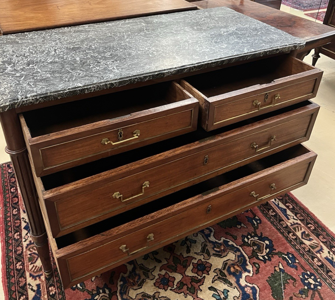 Antique French Mahogany Louis XVI Grey Marble Top Chest of Drawers 34"H x 50"L