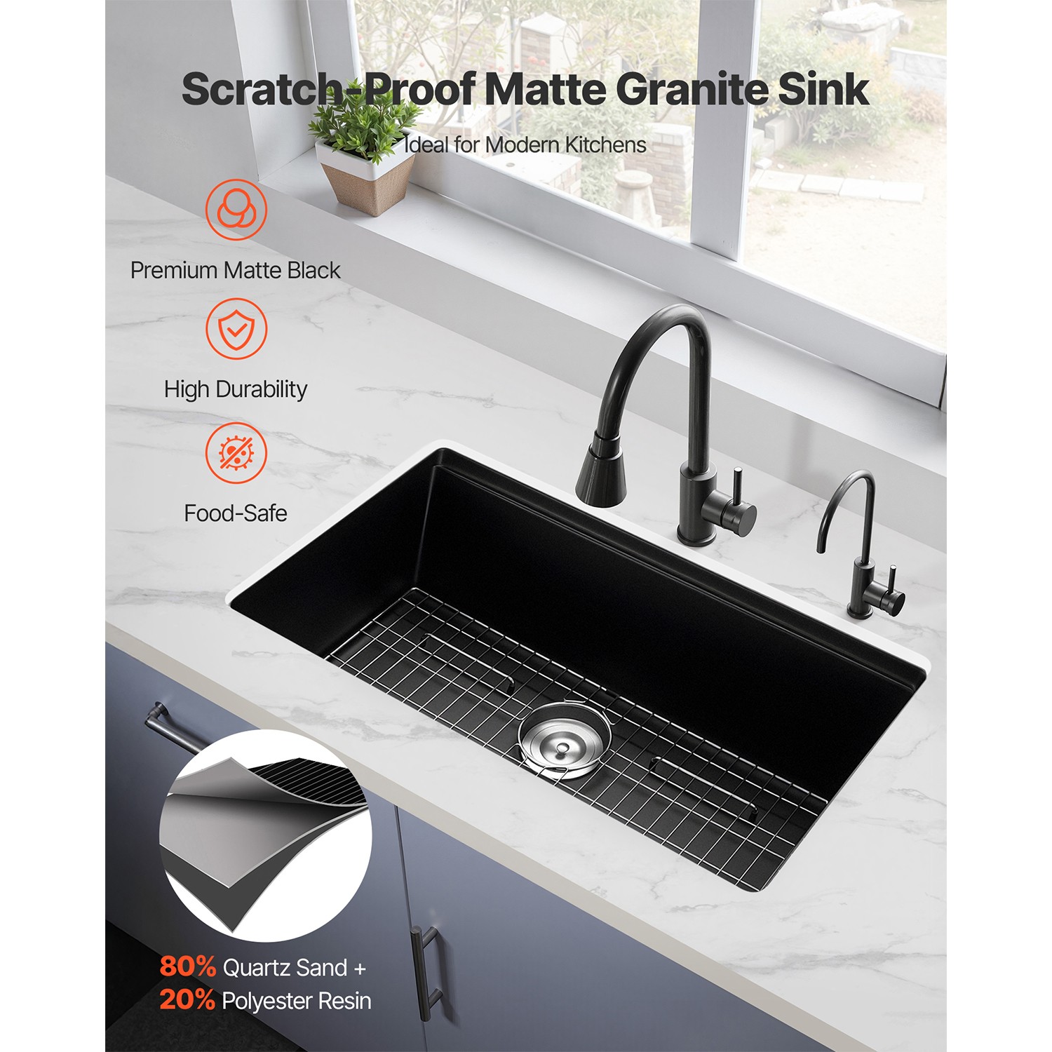 33 inch Granite Kitchen Sink Undermount Single Bowl Drop-In Basin for RV Bar