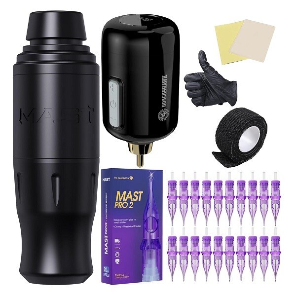 Mast Tour2 Pro Wireless Tattoo Gun Pen Machine Kit Cartridges Power Supply