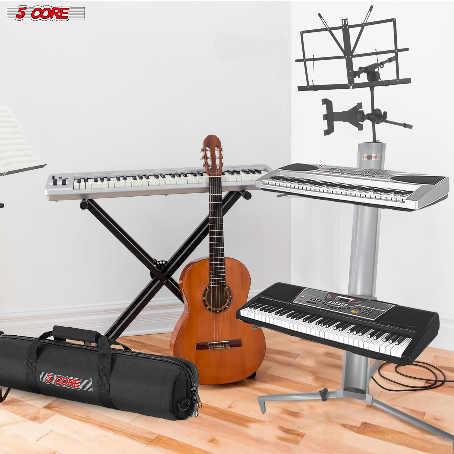 5Core 2-Tier Aluminum Column Keyboard Stand w/Bag, Mic Boom Arm & Sheet Stand