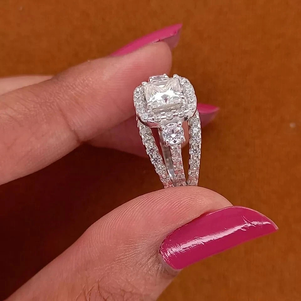 Solid 14K White Gold Moissanite Bridal Set Engagement Ring 2.50 CT Princess Cut