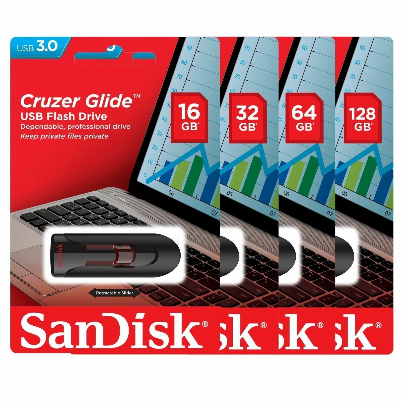 SanDisk Cruzer Glide 16GB 32GB 64GB 128GB 256GB Flash Drive Memory Stick 3.0 Lot
