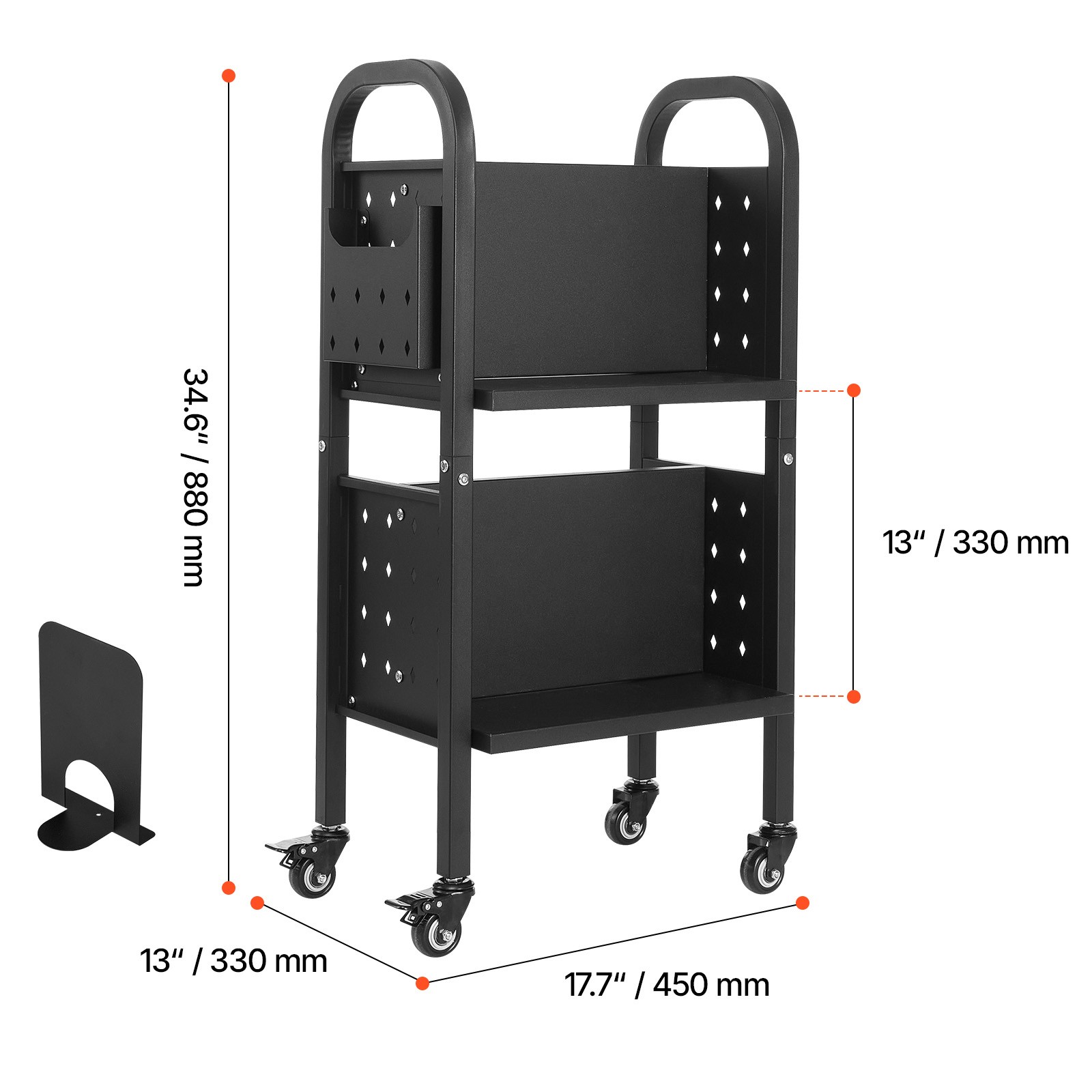 2-Tier Rolling Book Cart Double Sided L-Shaped Shelves Book Truck in Black