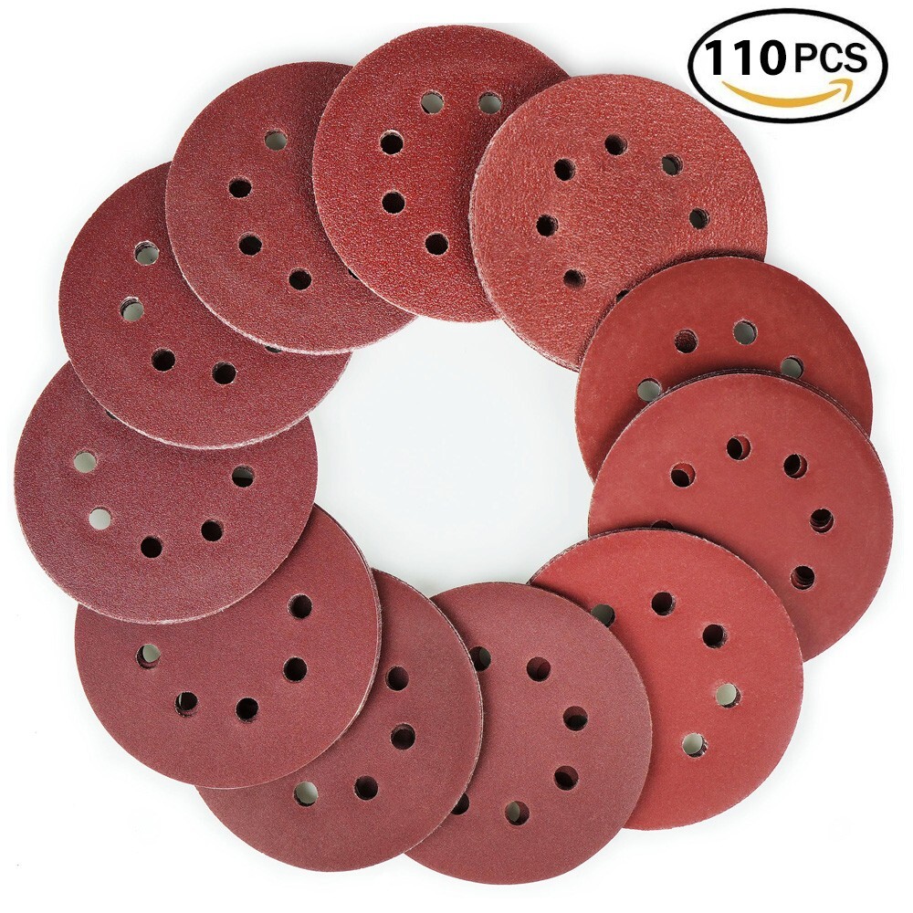 110Pcs 5in 8 Hole Sanding Discs Orbital Sandpaper Hook and Loop Assortment Grit