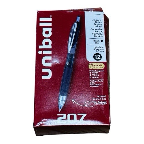 12 Pens Uniball Signo 207 Gel Roller Ball Retractable Black Ink Gel Pen 0.7mm