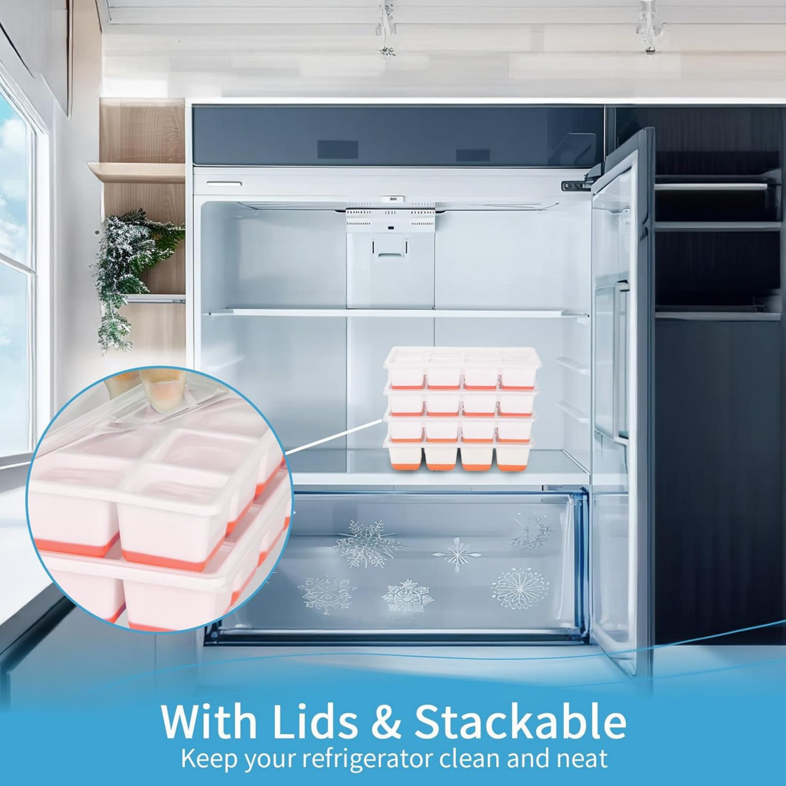 2pcs Large Ice Cube Tray with Lid, Stackable Big Silicone Square Ice Cube Mold