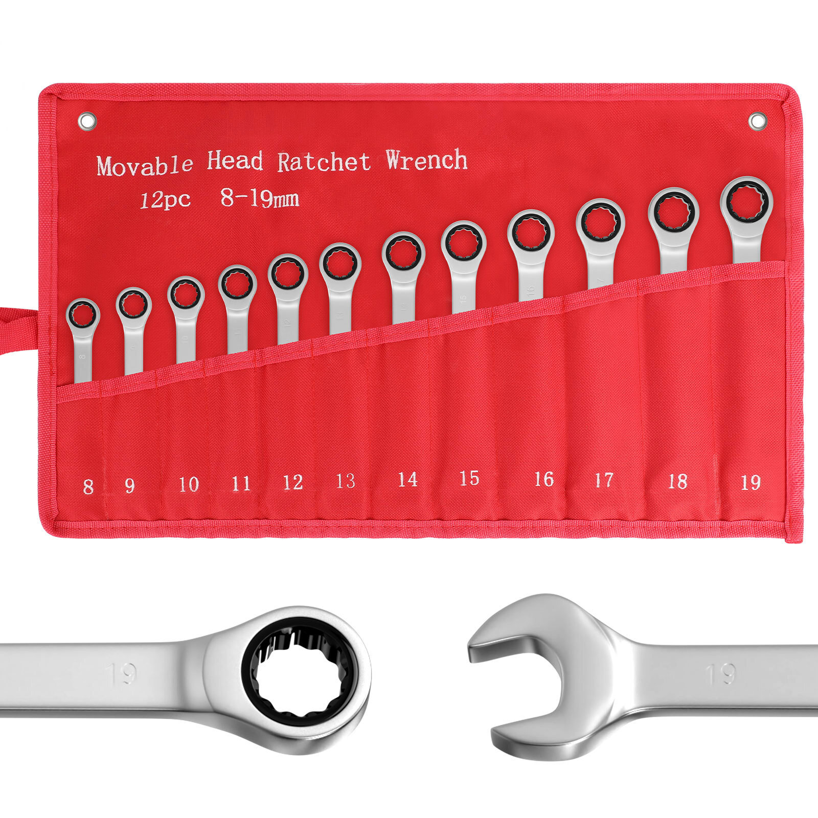 12Pc 8-19mm Metric Fixed Head Ratcheting Wrench Combination Spanner Tool Set